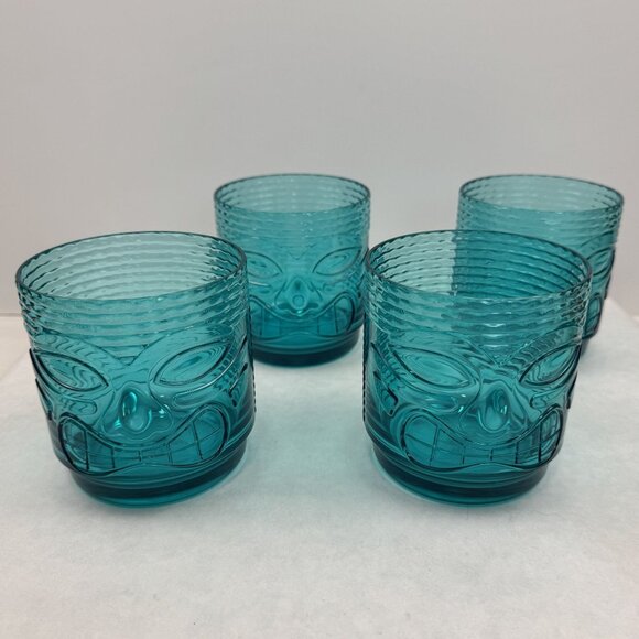 Set Of 4 Tiki Face Teal Blue Plastic Tumblers Ribbed Dishwasher Safe 16 oz - Picture 1 of 10